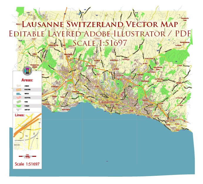 Lausanne Switzerland Map Vector City Plan Low Detailed (for small print size) Street Map editable Adobe Illustrator in layers