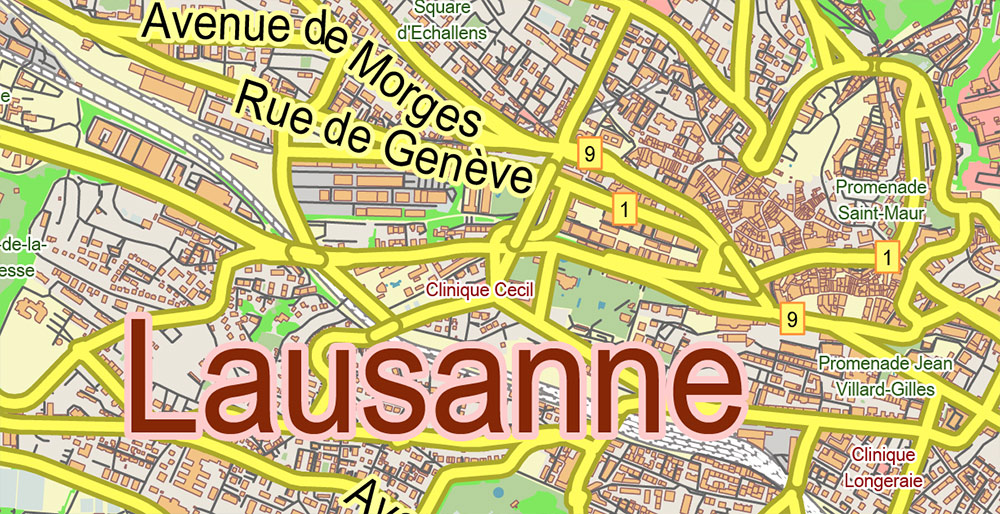 Lausanne Switzerland PDF Vector Map City Plan Low Detailed (for small print size) Street Map editable Adobe PDF in layers