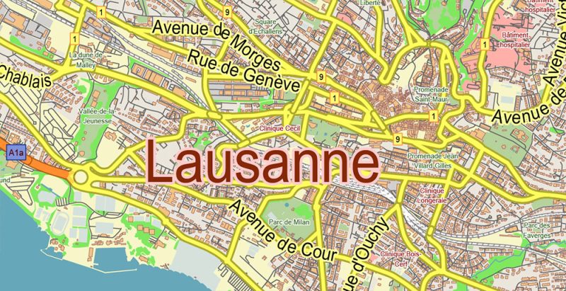 Lausanne Switzerland Map Vector City Plan Low Detailed (for small print size) Street Map editable Adobe Illustrator in layers