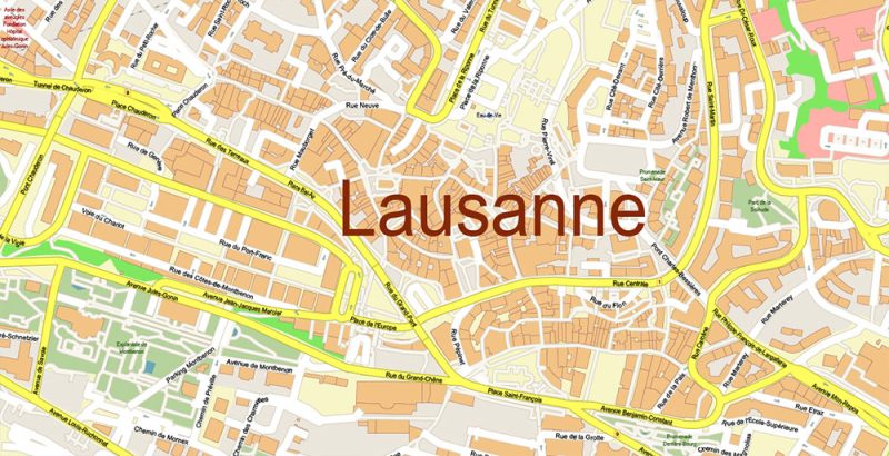 Lausanne Switzerland Map Vector Accurate High Detailed City Plan editable Adobe Illustrator Street Map in layers