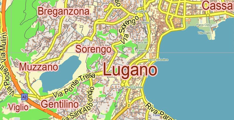 Lugano Switzerland Map Vector City Plan Low Detailed (for small print size) Street Map editable Adobe Illustrator in layers