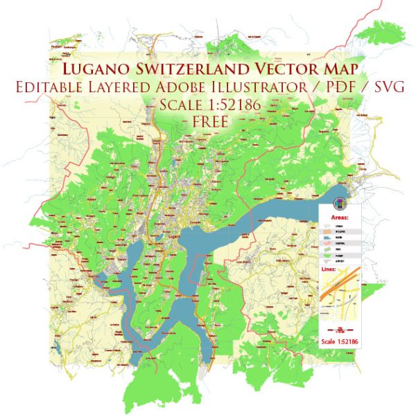 Lugano Switzerland Vector Map Free Editable Layered Adobe Illustrator + PDF + SVG