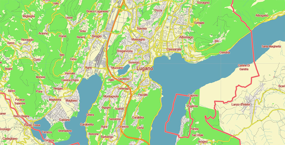 Lugano Switzerland Vector Map Free Editable Layered Adobe Illustrator + PDF + SVG