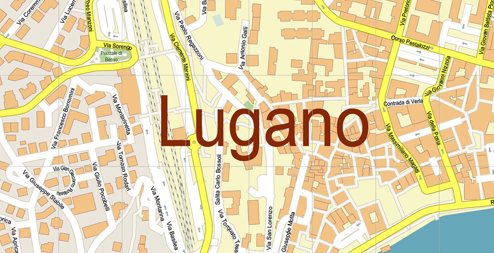 Lugano Switzerland PDF Vector Map Accurate High Detailed City Plan editable Adobe PDF Street Map in layers