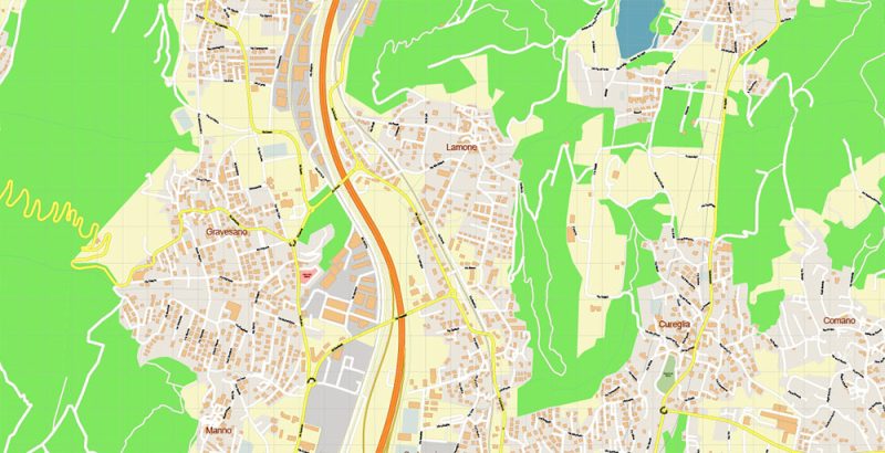 Lugano Switzerland Map Vector Accurate High Detailed City Plan editable Adobe Illustrator Street Map in layers