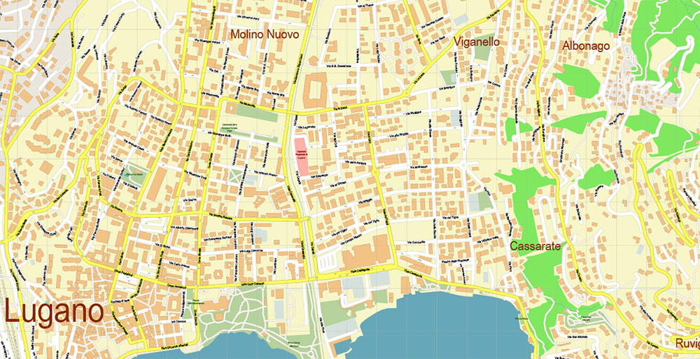 Lugano Switzerland PDF Vector Map Accurate High Detailed City Plan editable Adobe PDF Street Map in layers