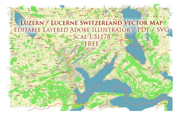 Luzern Lucerne Switzerland Vector Map Free Editable Layered Adobe Illustrator + PDF + SVG