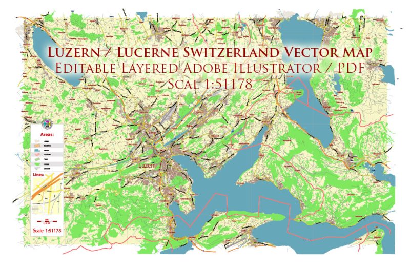 Luzern Lucerne Switzerland Map Vector City Plan Low Detailed (for small print size) Street Map editable Adobe Illustrator in layers