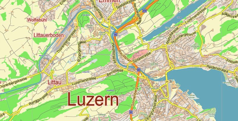 Luzern Lucerne Switzerland Map Vector City Plan Low Detailed (for small print size) Street Map editable Adobe Illustrator in layers