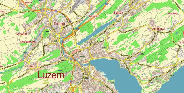 Luzern Lucerne Switzerland Map Vector City Plan Low Detailed (for small