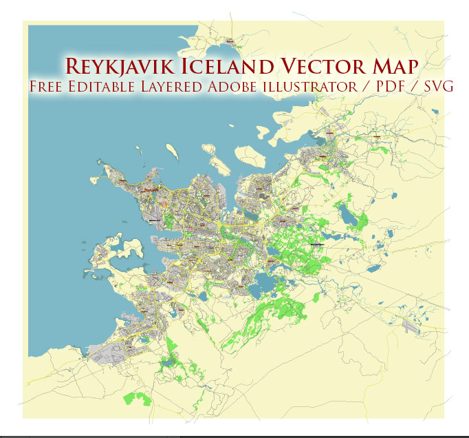 Reykjavik Iceland Vector Map Free Editable Layered Adobe Illustrator + PDF + SVG