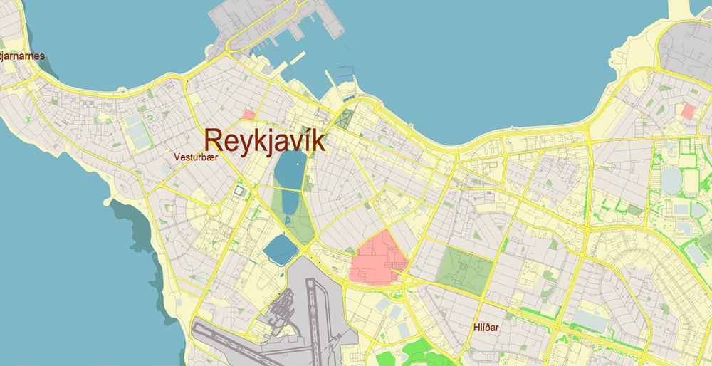 Reykjavik Iceland Vector Map Free Editable Layered Adobe Illustrator + PDF + SVG
