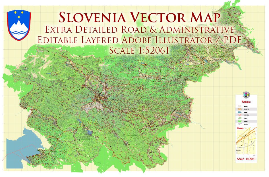 Slovenia Vector Map: Full Extra High Detailed 01 (all roads) + Admin Areas editable Adobe Illustrator in layers