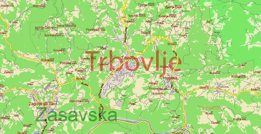 Slovenia PDF Vector Map: Full Extra High Detailed 01 (all roads) + Admin Areas editable Adobe PDF in layers