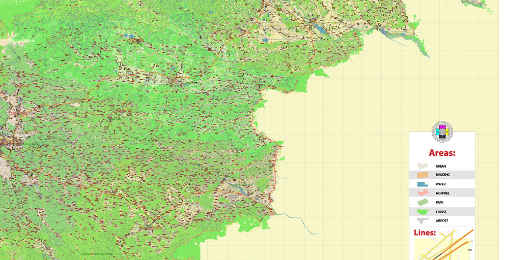 Slovenia Vector Map: Full Extra High Detailed 01 (all roads) + Admin Areas editable Adobe Illustrator in layers