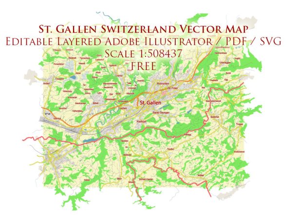St. Gallen Switzerland Vector Map Free Editable Layered Adobe Illustrator + PDF + SVG