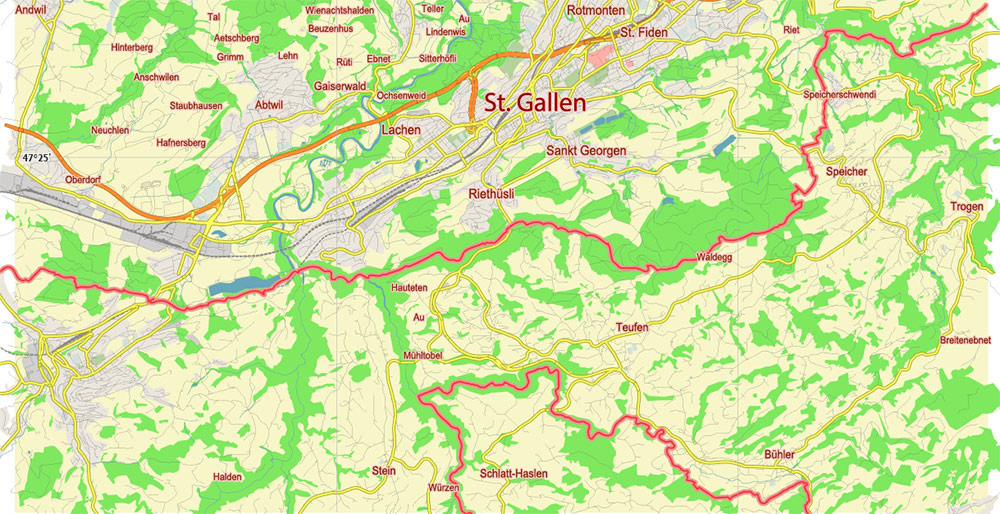 St. Gallen Switzerland Vector Map Free Editable Layered Adobe Illustrator + PDF + SVG
