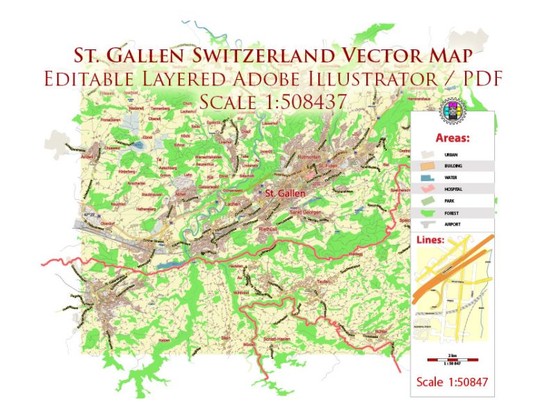 St. Gallen Switzerland Map Vector City Plan Low Detailed (for small print size) Street Map editable Adobe Illustrator in layers