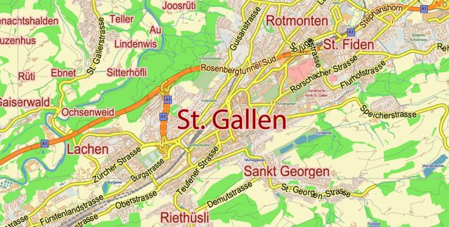 St. Gallen Switzerland PDF Vector Map City Plan Low Detailed (for small