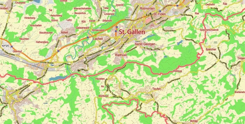 St. Gallen Switzerland Map Vector City Plan Low Detailed (for small print size) Street Map editable Adobe Illustrator in layers