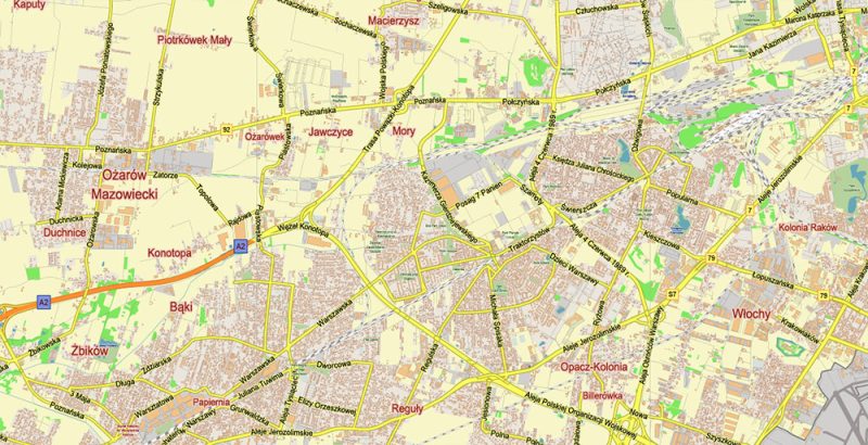 Warsaw \ Warszawa Poland Map Vector City Plan Low Detailed (for small print size) Street Map editable Adobe Illustrator in layers