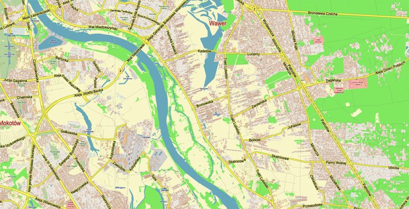 Warsaw \ Warszawa Poland Map Vector City Plan Low Detailed (for small print size) Street Map editable Adobe Illustrator in layers