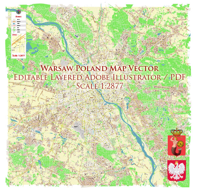 Warsaw \ Warszawa Poland Map Vector Accurate High Detailed City Plan editable Adobe Illustrator Street Map in layers