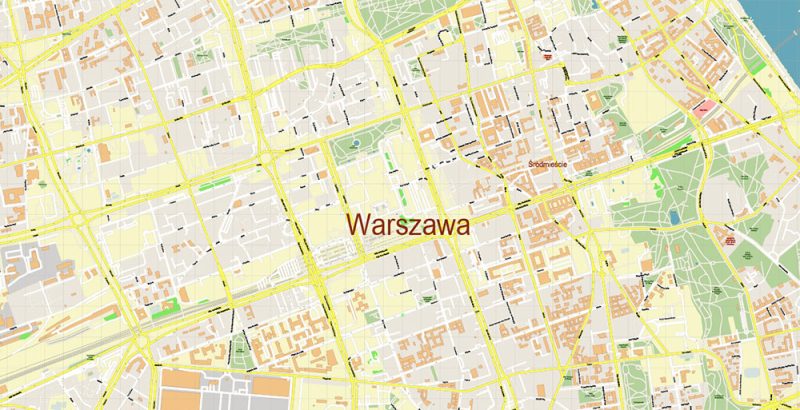 Warsaw \ Warszawa Poland Map Vector Accurate High Detailed City Plan editable Adobe Illustrator Street Map in layers