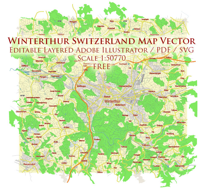 Winterthur Switzerland Vector Map Free Editable Layered Adobe Illustrator + PDF + SVG