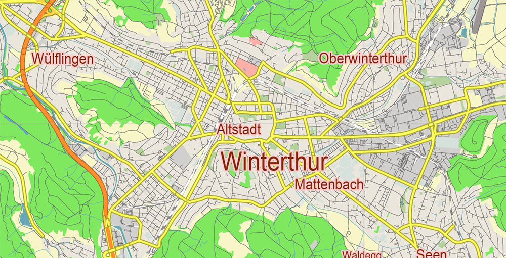 Winterthur Switzerland Vector Map Free Editable Layered Adobe Illustrator + PDF + SVG