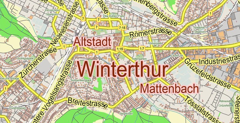 Winterthur Switzerland Map Vector City Plan Low Detailed (for small print size) Street Map editable Adobe Illustrator in layers
