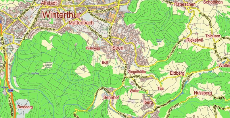 Winterthur Switzerland Map Vector City Plan Low Detailed (for small print size) Street Map editable Adobe Illustrator in layers