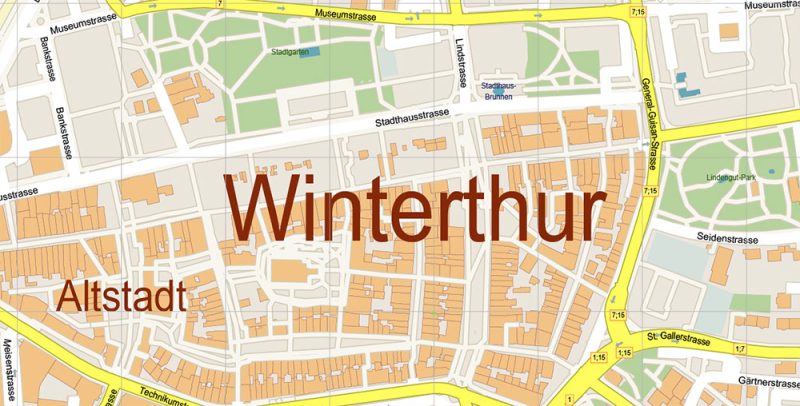 Winterthur Switzerland Map Vector Accurate High Detailed City Plan editable Adobe Illustrator Street Map in layers