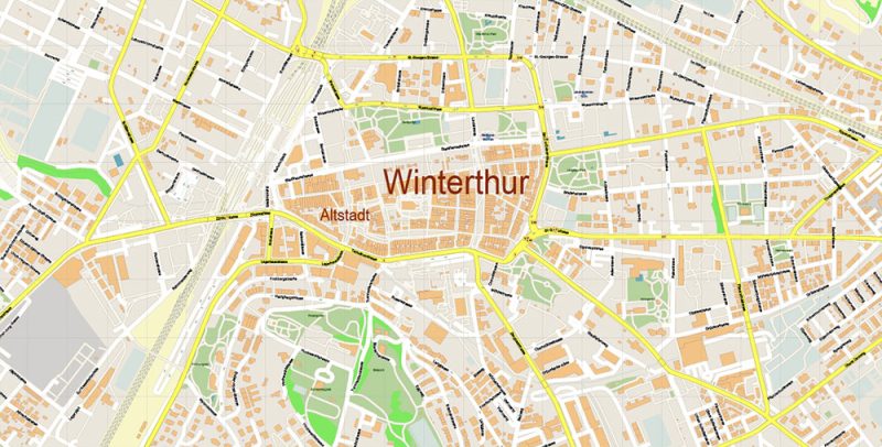 Winterthur Switzerland Map Vector Accurate High Detailed City Plan editable Adobe Illustrator Street Map in layers