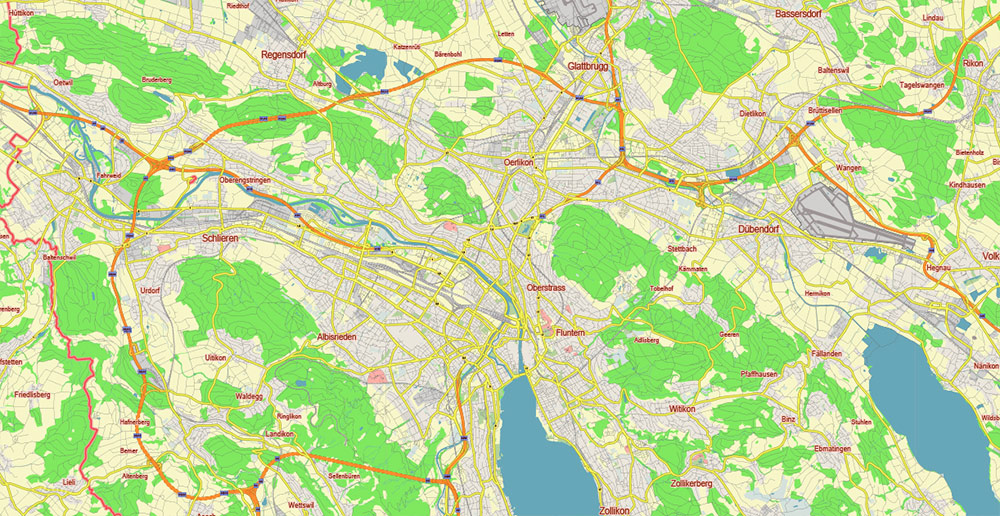 Zurich Switzerland Vector Map Free Editable Layered Adobe Illustrator + PDF + SVG