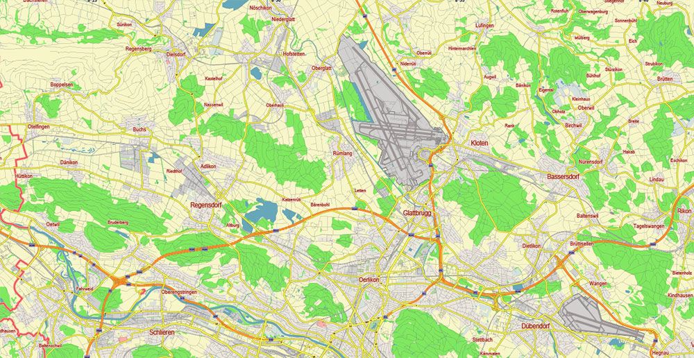Zurich Switzerland Vector Map Free Editable Layered Adobe Illustrator + PDF + SVG