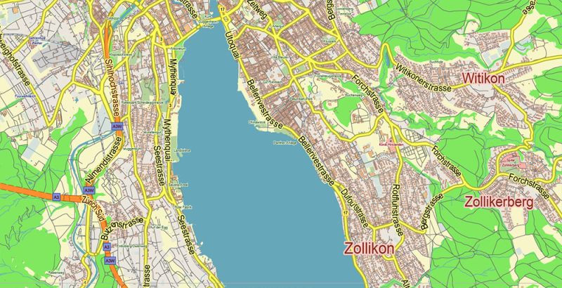 Zurich Switzerland Map Vector City Plan Low Detailed (for small print size) Street Map editable Adobe Illustrator in layers