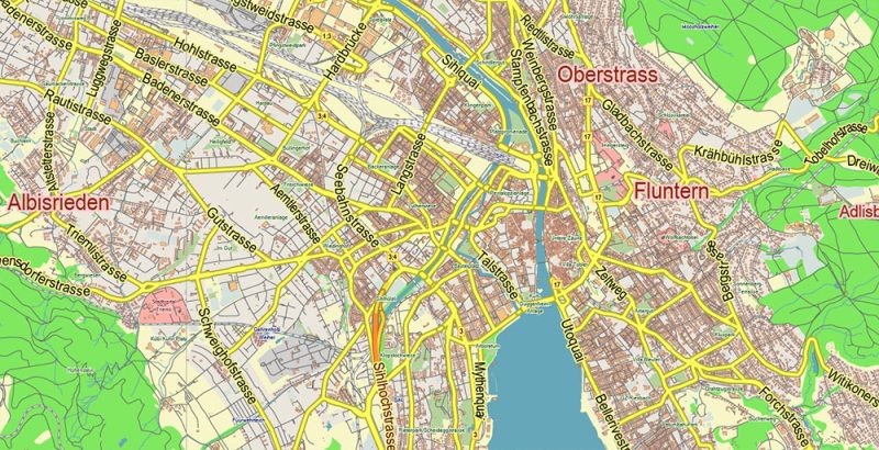Zurich Switzerland Map Vector City Plan Low Detailed (for small print size) Street Map editable Adobe Illustrator in layers