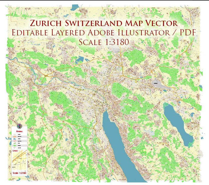 Zurich Switzerland PDF Vector Map: Accurate High Detailed City Plan editable Adobe PDF Street Map in layers
