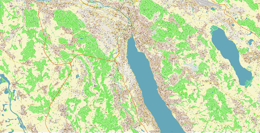 Zurich Switzerland PDF Vector Map: Accurate High Detailed City Plan editable Adobe PDF Street Map in layers