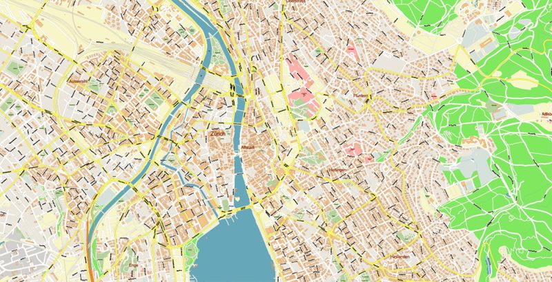 Zurich Switzerland Map Vector Accurate High Detailed City Plan editable Adobe Illustrator Street Map in layers