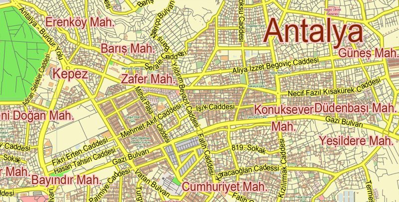 Antalya Turkey Map Vector City Plan Low Detailed (for small print size) Street Map editable Adobe Illustrator in layers