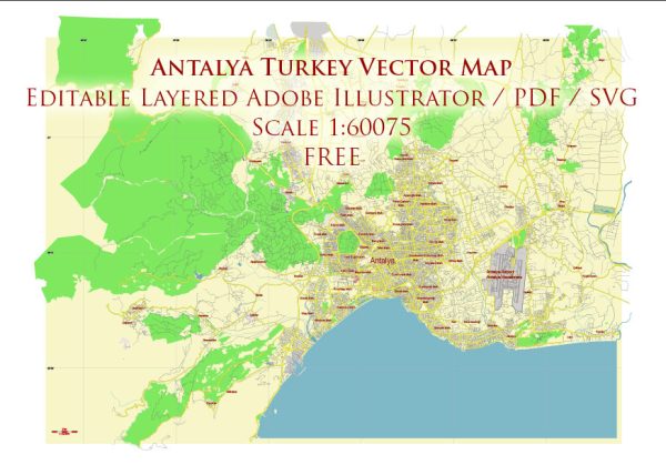 Antalya Turkey Vector Map Free Editable Layered Adobe Illustrator + PDF + SVG