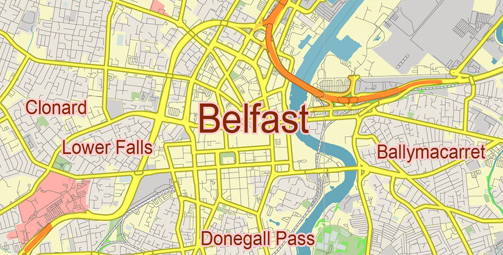 Belfast Northern Ireland UK Vector Map Free Editable Layered Adobe Illustrator + PDF + SVG