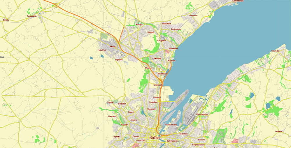 Belfast Northern Ireland UK Vector Map Free Editable Layered Adobe Illustrator + PDF + SVG