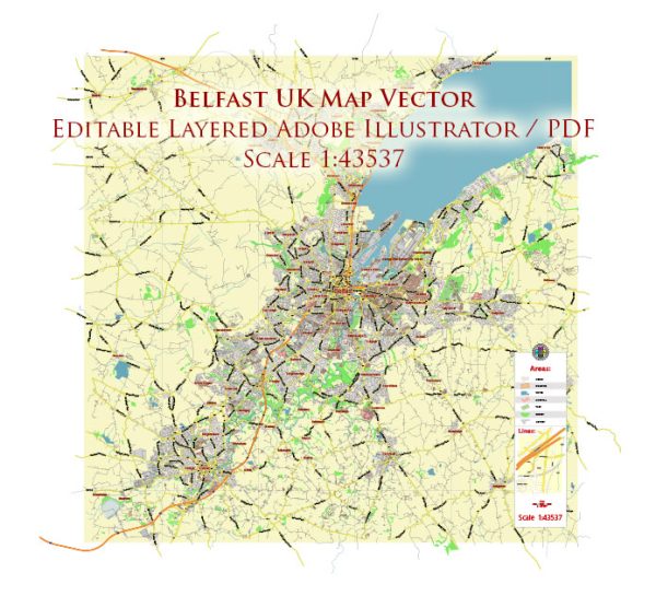 Belfast Northern Ireland UK Map Vector City Plan Low Detailed (for small print size) Street Map editable Adobe Illustrator in layers