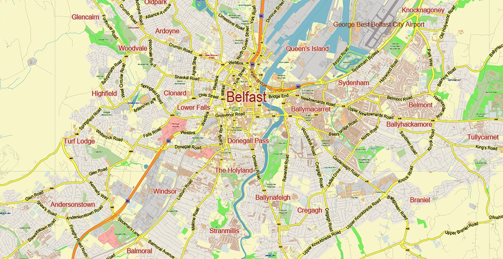 Belfast Northern Ireland UK PDF Vector Map: City Plan Low Detailed (for small print size) Street Map editable Adobe PDF in layers