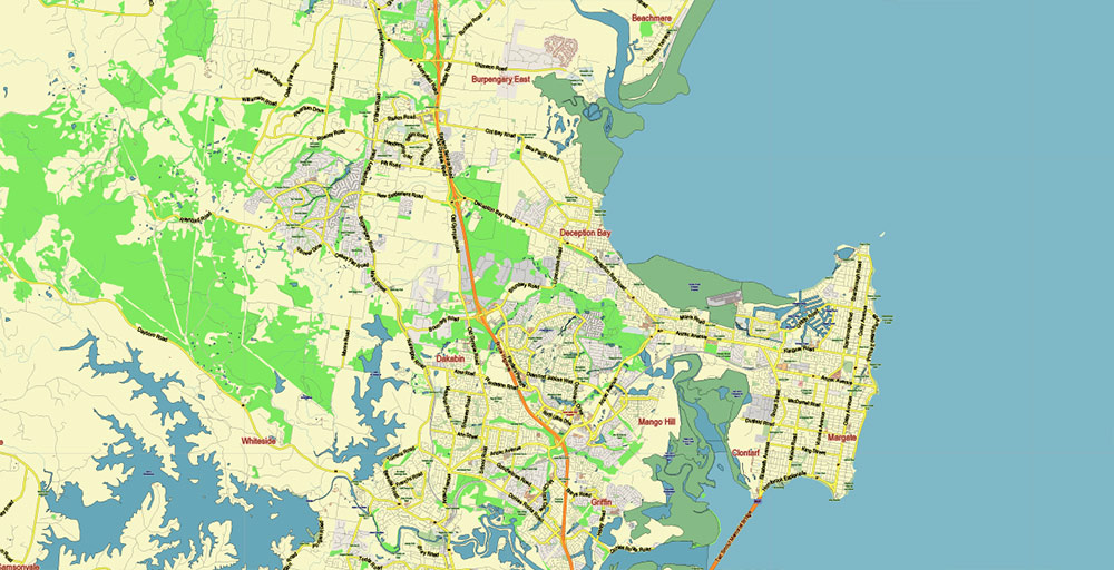 Brisbane Australia PDF Vector Map: City Plan Low Detailed (for small print size) Street Map editable Adobe PDF in layers