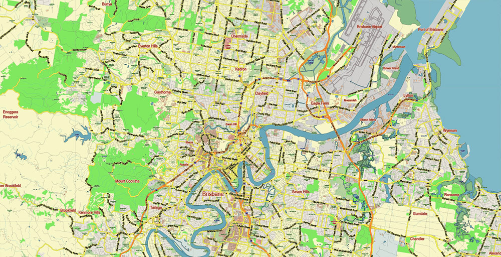 Brisbane Australia Map Vector City Plan Low Detailed (for small print size) Street Map editable Adobe Illustrator in layers