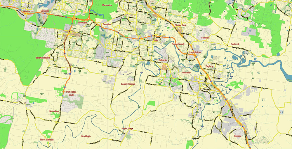 Brisbane Australia PDF Vector Map: City Plan Low Detailed (for small print size) Street Map editable Adobe PDF in layers